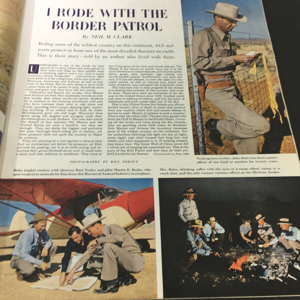 I Rode With The Border Patrol article featuring a border patrol officer and a plane in VTG The Saturday Evening Post August 26 1950 with imagery depicting border patrol activities.