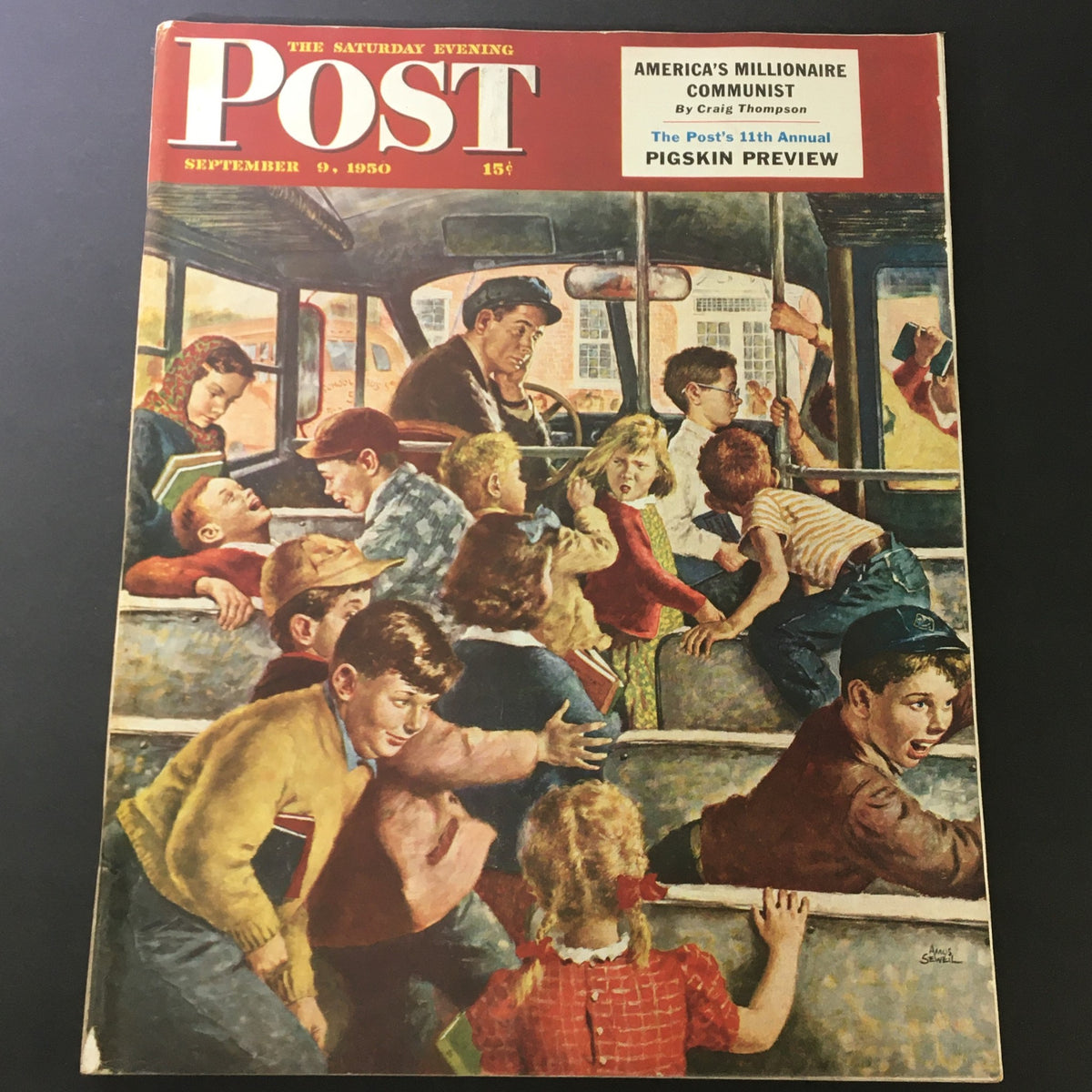 Cover of VTG The Saturday Evening Post September 9 1950 featuring the article 'America's Millionaire Communist.' Illustration shows children and adults on a bus, representative of mid-20th century Americana.