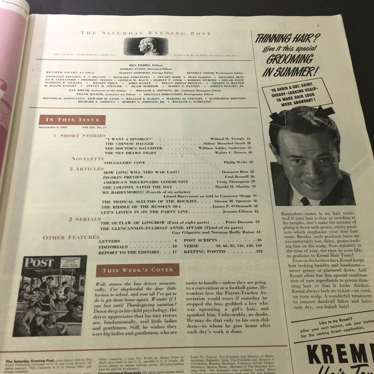 Inside page of VTG The Saturday Evening Post September 9 1950 displaying article listings, including the feature 'America's Millionaire Communist,' showcasing the magazine's editorial layout.