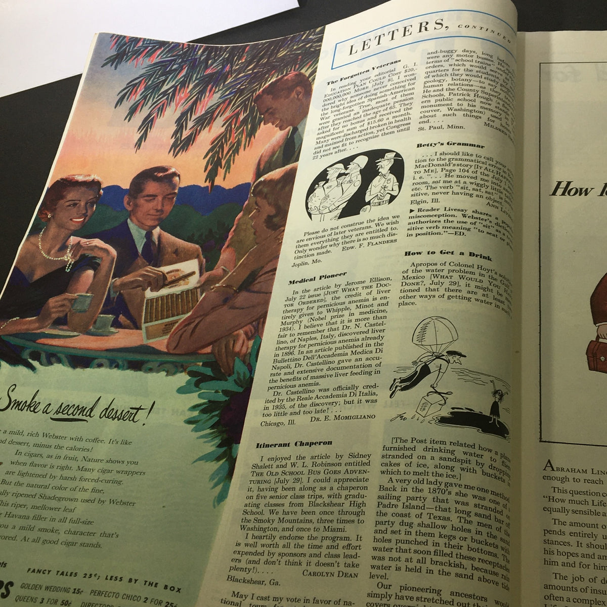 Inside spread of VTG The Saturday Evening Post September 9 1950 featuring letters to the editor and a colorful illustration, reflecting the magazine's engaging content style.