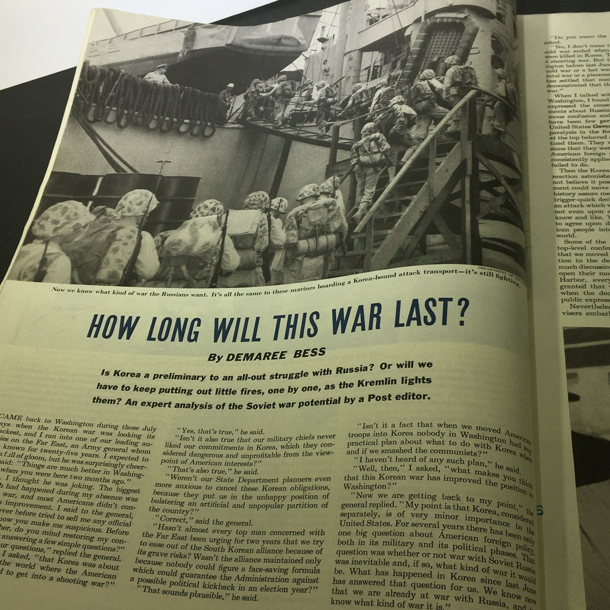 Inside VTG The Saturday Evening Post September 9 1950, article titled 'How Long Will This War Last?' featuring military personnel boarding a Korea-bound attack transport. Historical insight on military strategy during the Korean War.