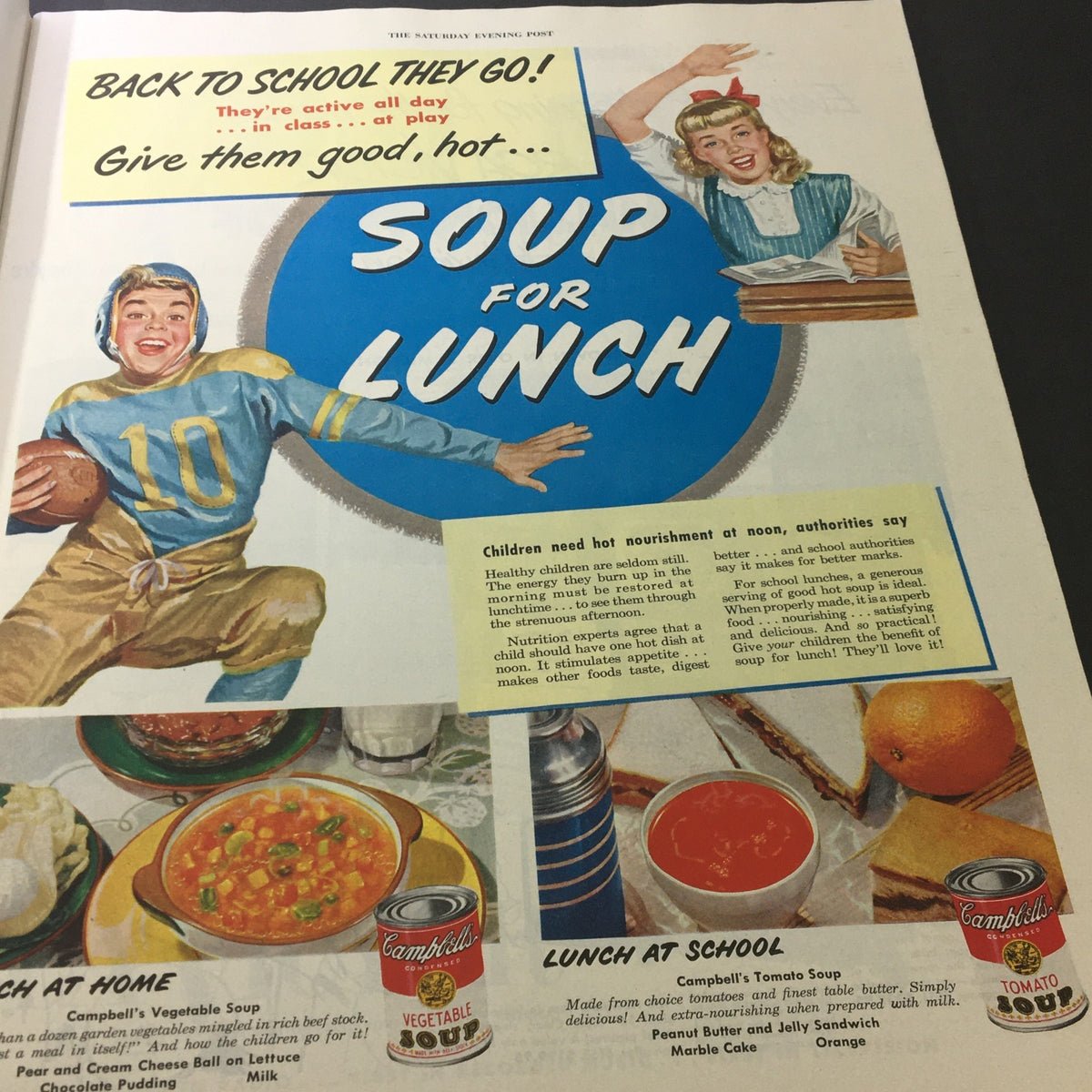 Feature from VTG The Saturday Evening Post September 9 1950 titled 'Soup for Lunch,' promoting healthy lunch options for children with Campbell's soups. Retro back-to-school theme with vibrant illustrations.