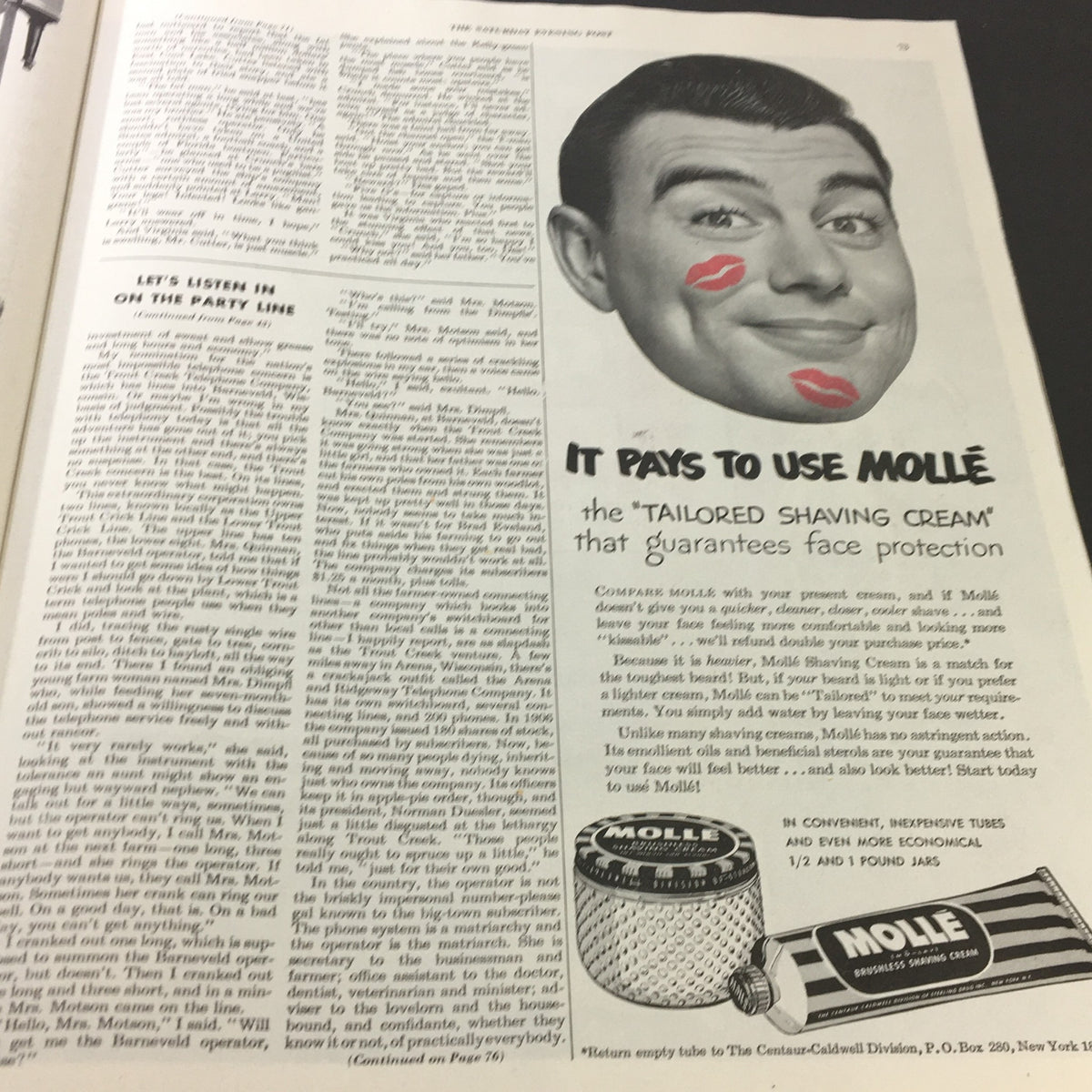 Ad from VTG The Saturday Evening Post September 9 1950 for Mollé Shaving Cream, showcasing a smiling man with kiss marks on his face. Promotional content discussing the benefits of their shaving cream.