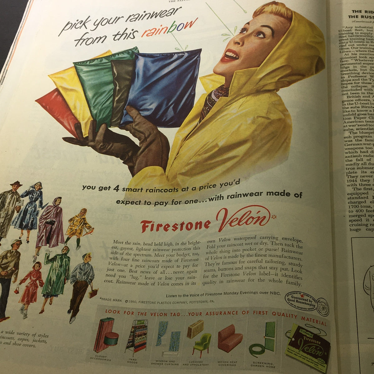 Vintage advertisement from The Saturday Evening Post dated September 9, 1950, featuring a woman in a yellow raincoat holding colorful rainwear options. Title: VTG The Saturday Evening Post September 9 1950 Millionaire Communist, Newsstand