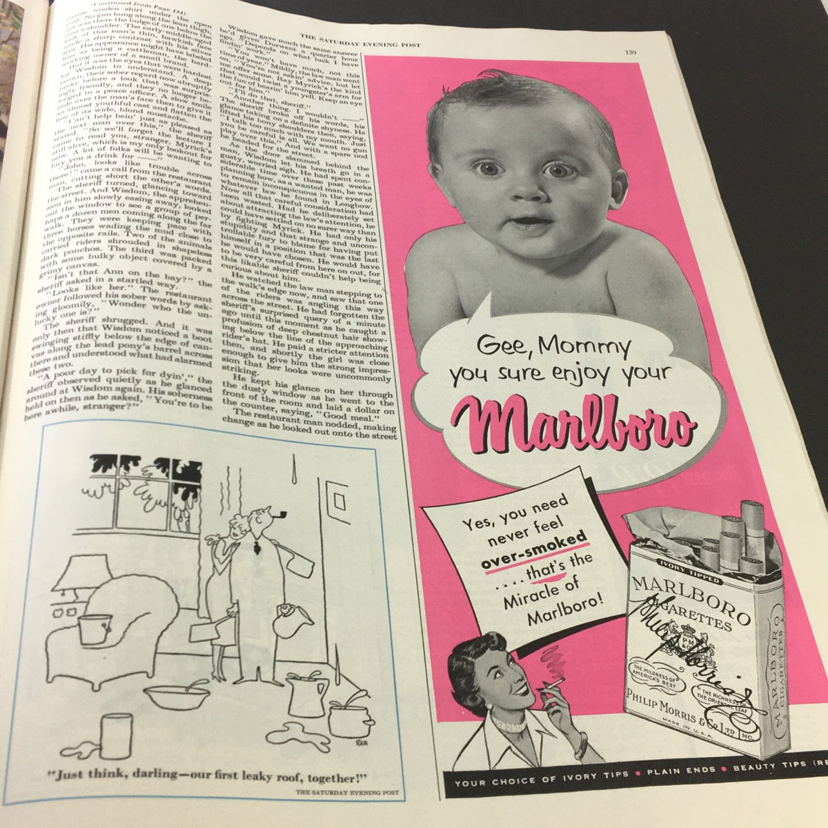 An advertisement from The Saturday Evening Post dated September 9, 1950, showcasing a baby with the slogan 'Gee, Mommy you sure enjoy your Marlboro.' Title: VTG The Saturday Evening Post September 9 1950 Millionaire Communist, Newsstand