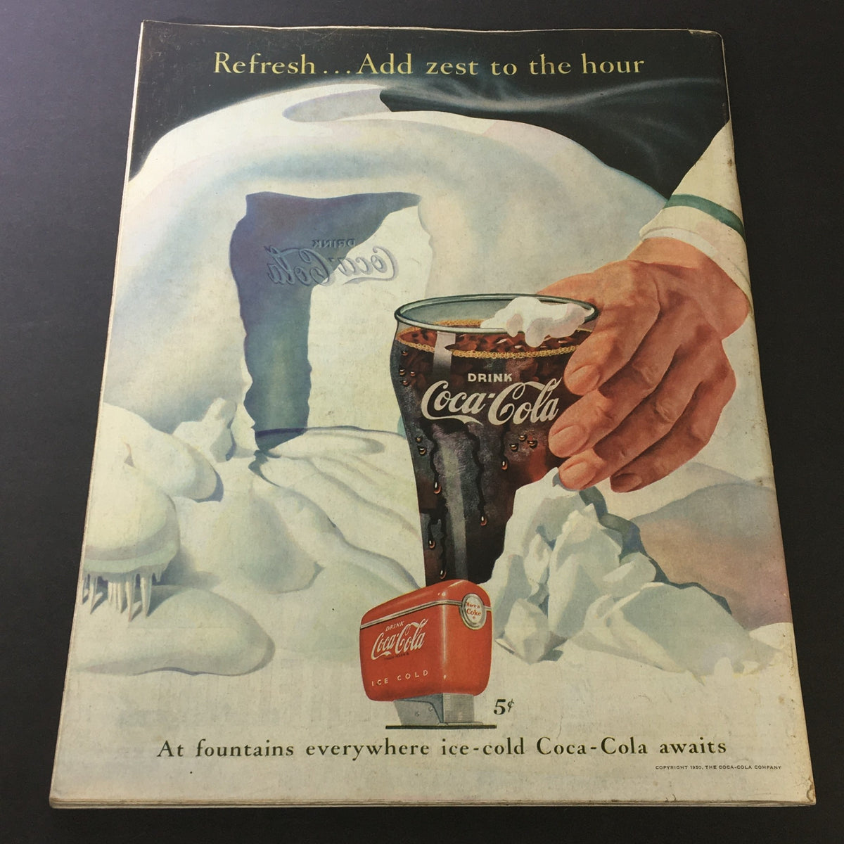 Vintage Coca-Cola advertisement illustrating a hand holding a glass of Coca-Cola against a snowy background, emphasizing refreshment. Title: VTG The Saturday Evening Post September 9 1950 Millionaire Communist, Newsstand