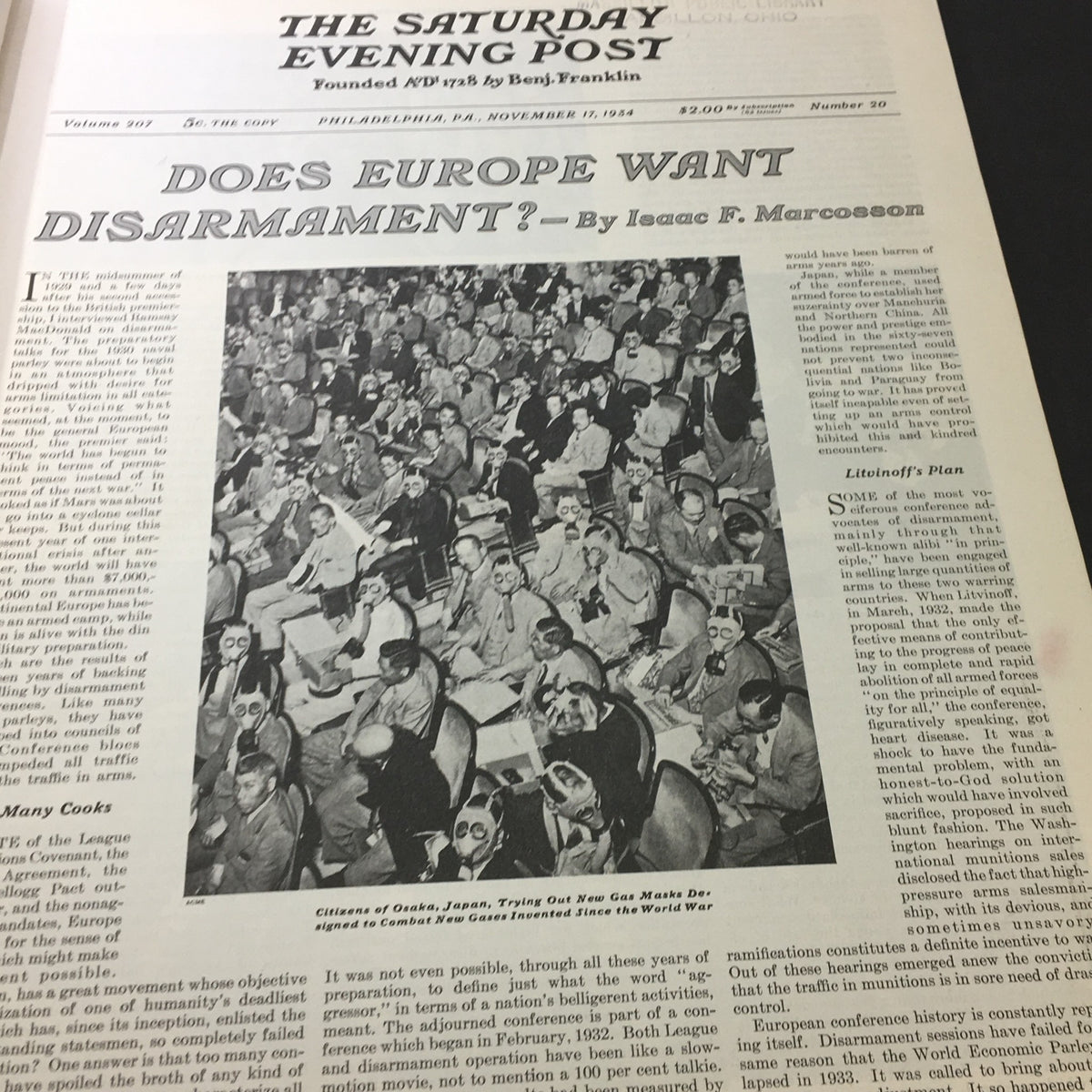 Article page from VTG The Saturday Evening Post November 17 1934 titled 'Does Europe Want Disarmament?' with a photograph of citizens in gas masks.