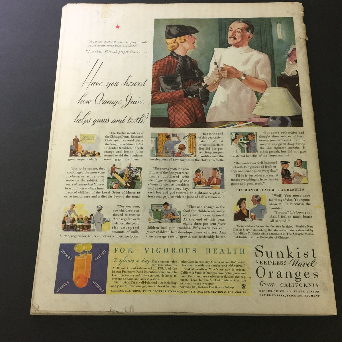 Vintage advertisement for Sunkist Seedless Navel Oranges along with health benefits featured in the back cover of VTG The Saturday Evening Post November 17, 1934.
