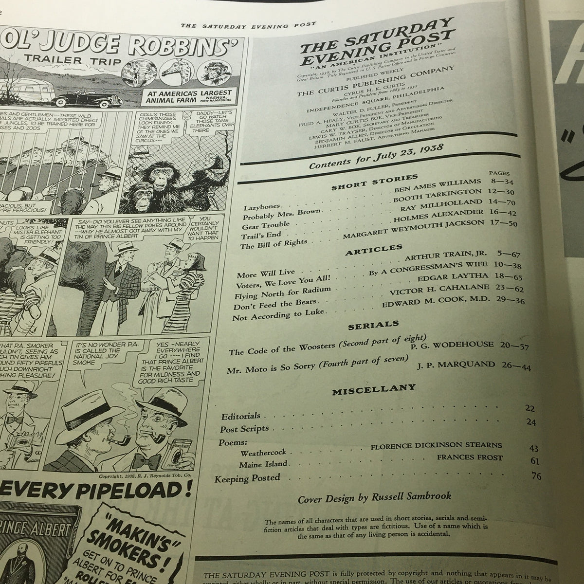 Contents page of VTG The Saturday Evening Post from July 23, 1938, detailing short stories, articles, and editorials, reflecting its historical significance.