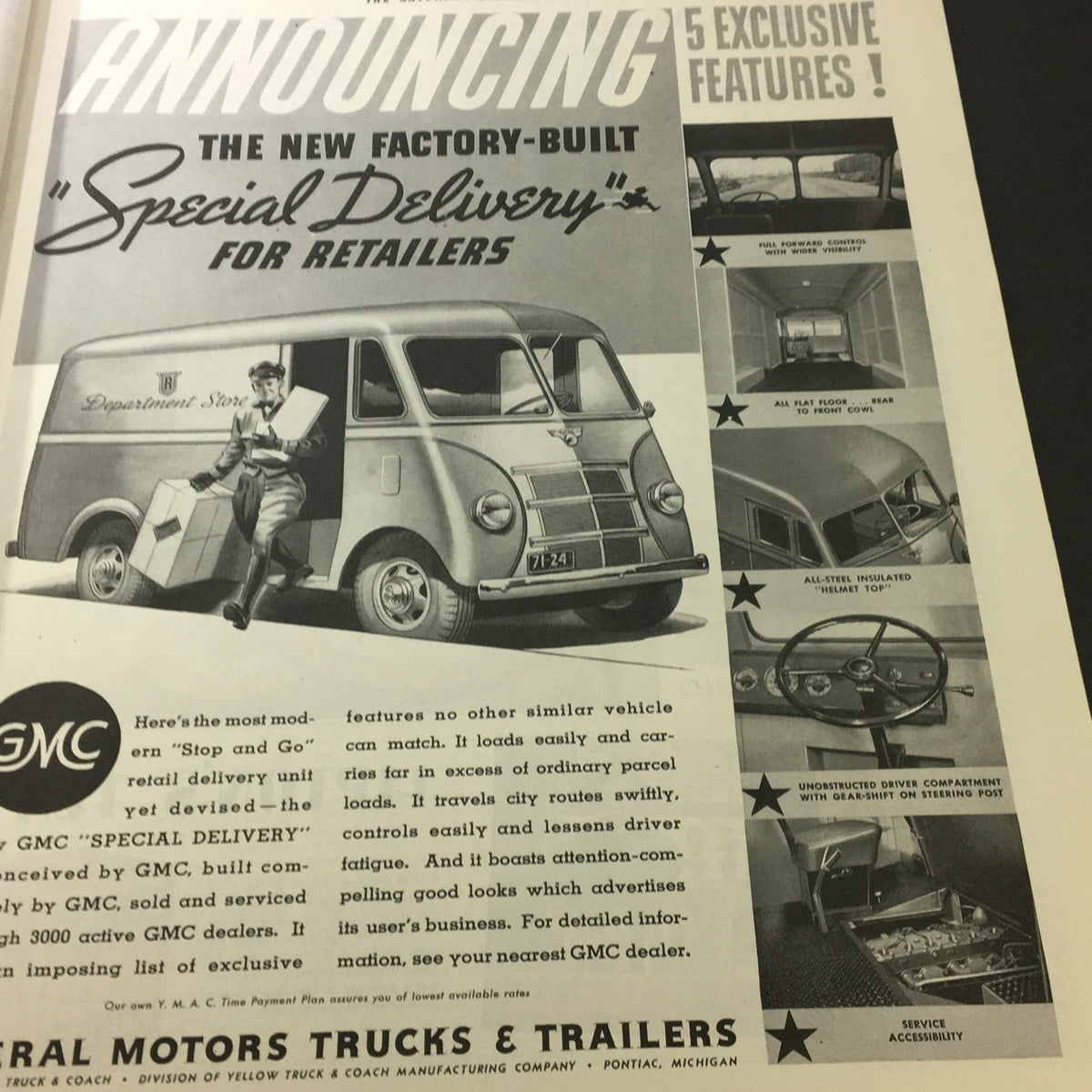 Advertisment page in VTG The Saturday Evening Post July 23, 1938, announcing the new factory-built 'Special Delivery' vehicle for retailers, highlighting its features.