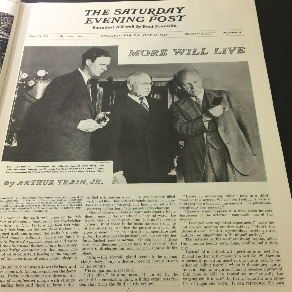 Article page in VTG The Saturday Evening Post from July 23, 1938, with Col. Charles A. Lindbergh and Dr. Alexis Carrel, showcasing medical advancements.