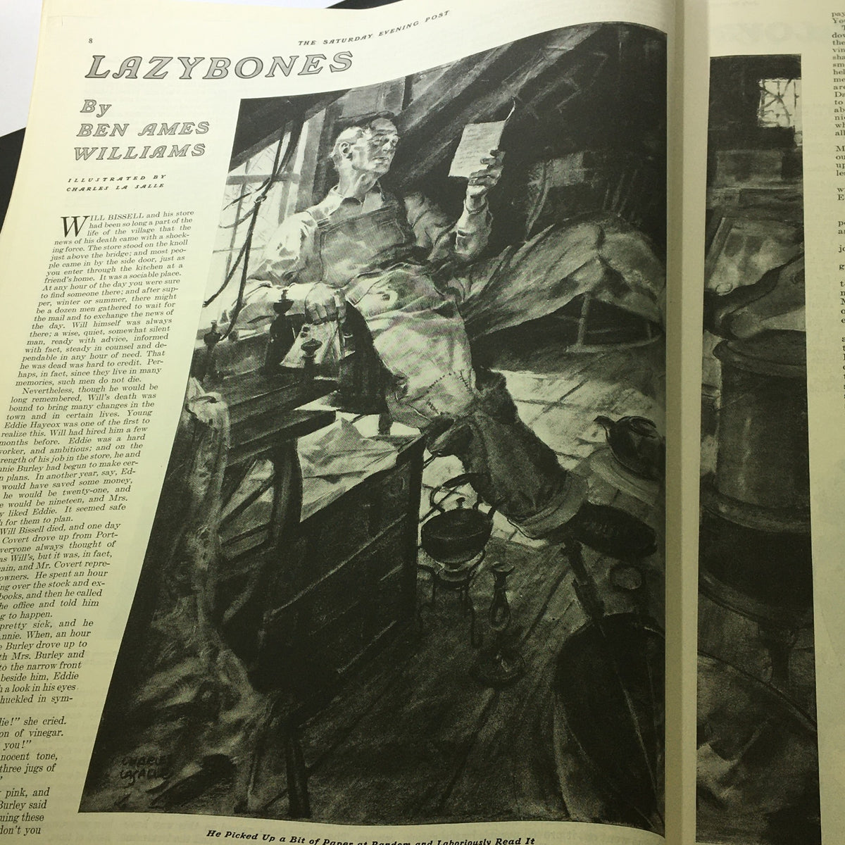 Illustrated story page from VTG The Saturday Evening Post July 23, 1938 titled 'Lazybones' by Ben Ames Williams, featuring vintage artwork.