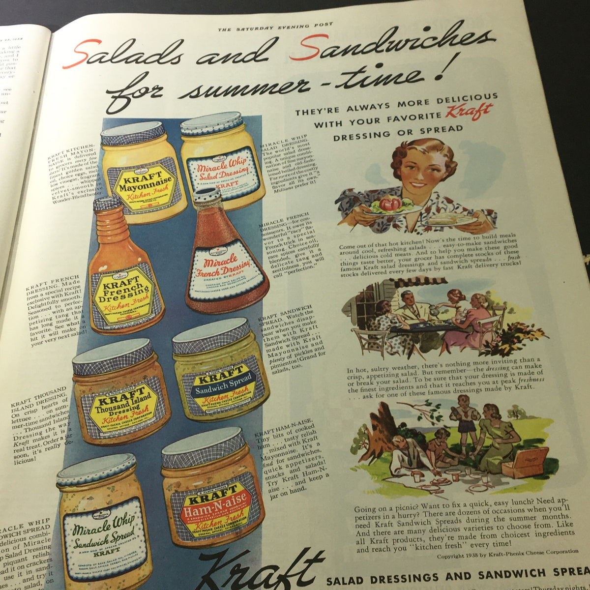 Image featuring the advertisement for Kraft salad dressings from VTG The Saturday Evening Post July 23 1938, highlighting various Kraft products for summer picnics and meals.