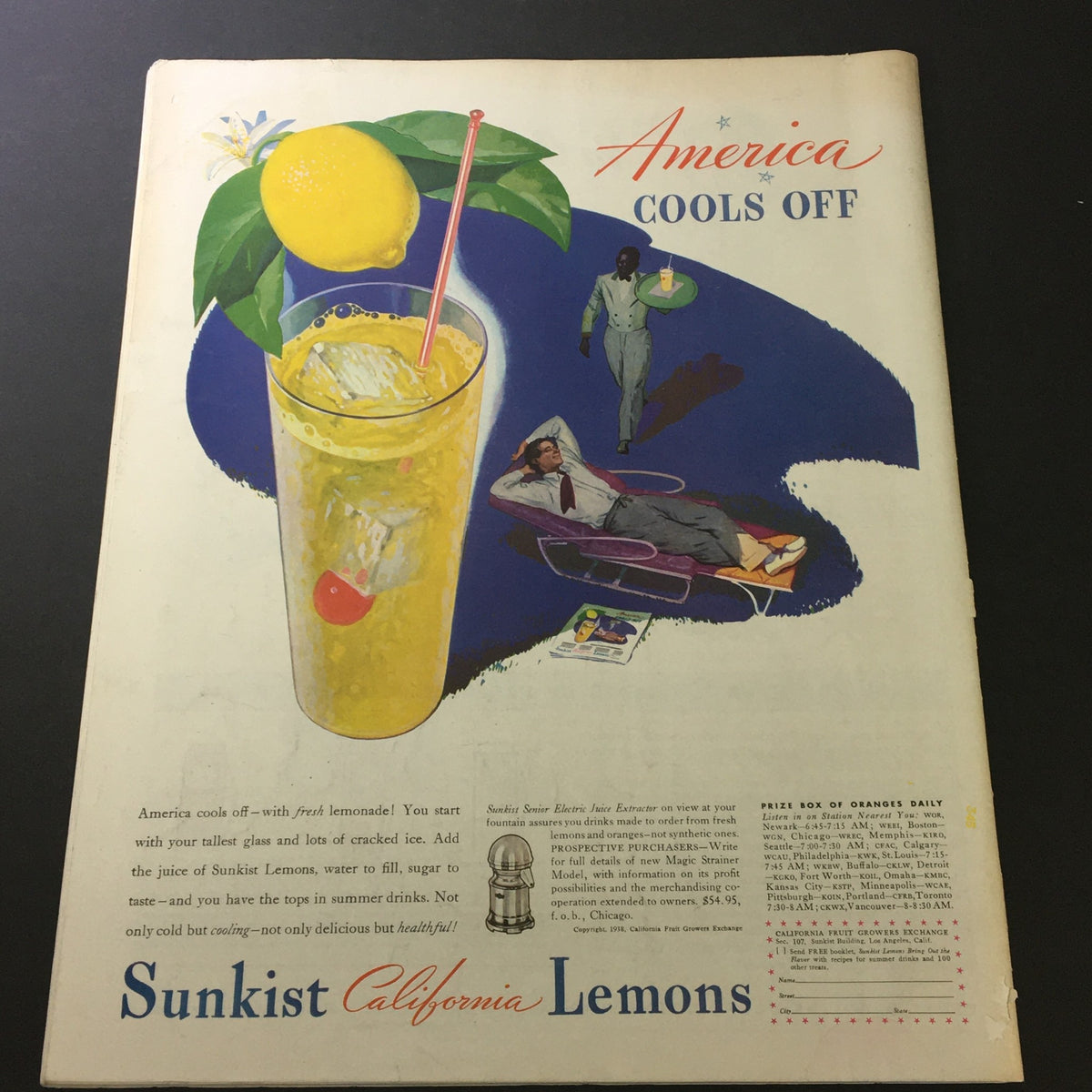 Vintage advertisement from The Saturday Evening Post dated July 23, 1938, featuring a refreshing Sunkist lemonade drink with a lemon garnish, alongside a depiction of a man relaxing. The ad promotes Sunkist California Lemons, highlighting their use in summer drinks and inviting readers to enjoy refreshing beverages.