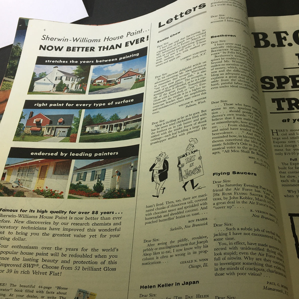Second inside page of the Saturday Evening Post April 14, 1956 presenting letters to the editor and advertisements reflecting mid-20th-century trends.
