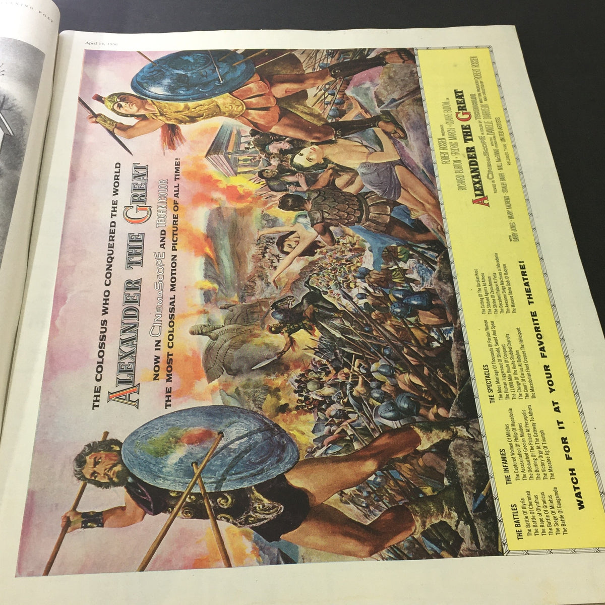 Saturday Evening Post April 14, 1956 advertisement for the movie 'Alexander the Great', showcasing dramatic artwork and promotional details for the film.