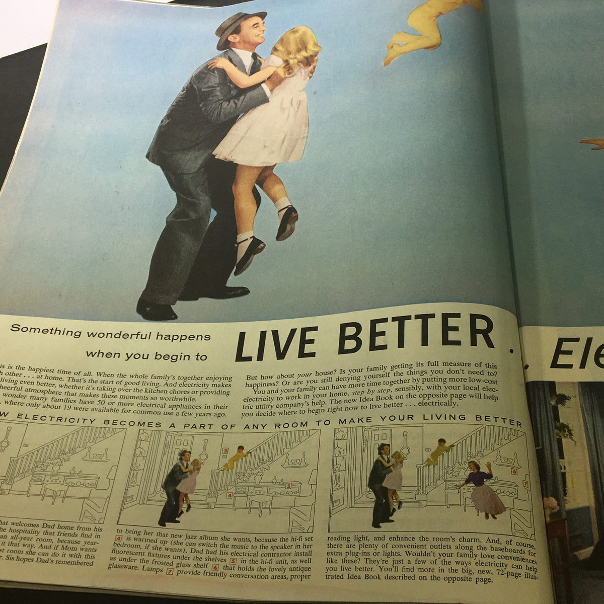 Saturday Evening Post April 14, 1956 article promoting electrical appliances with an illustration of a family enjoying their home, highlighting the benefits of modern living.