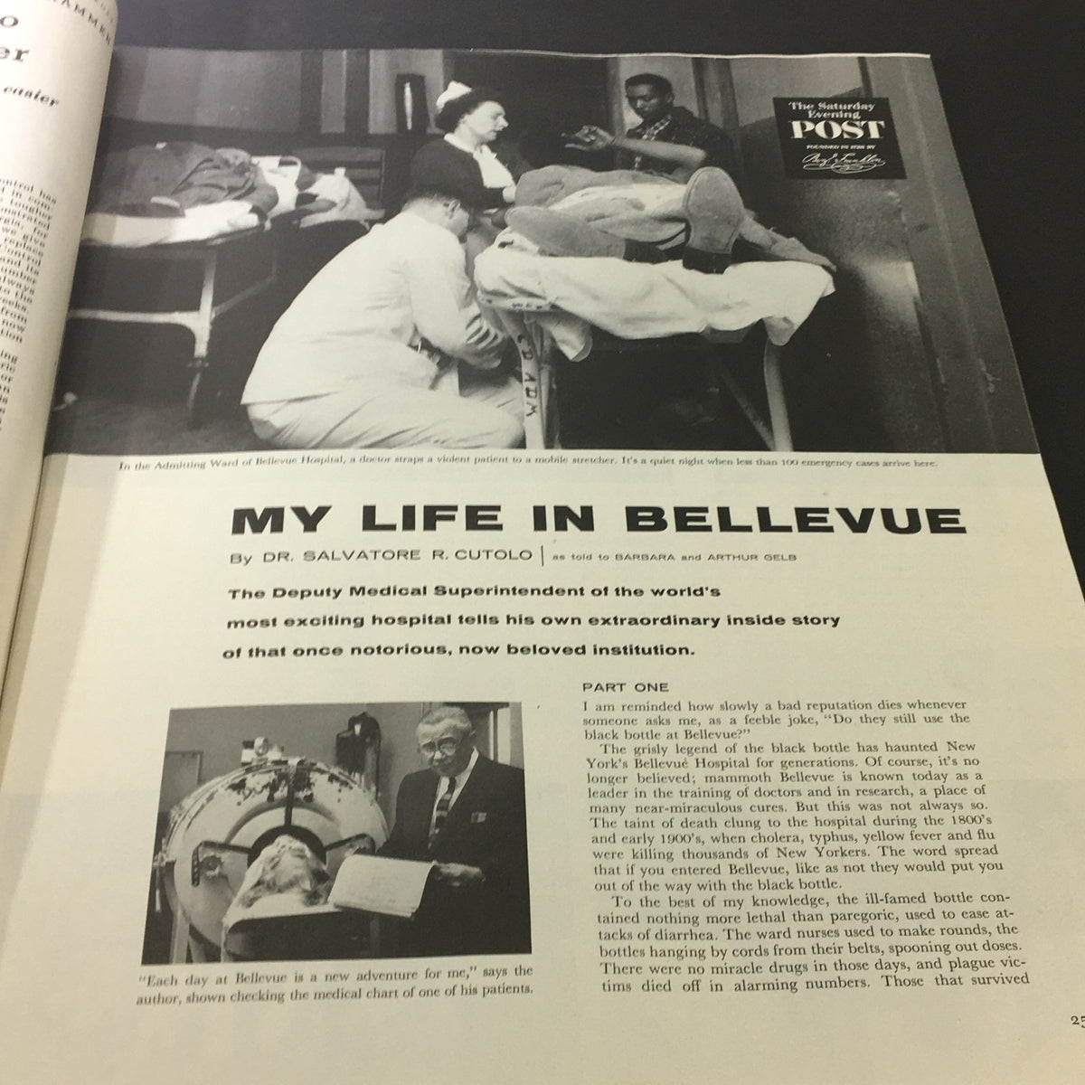 Saturday Evening Post April 14, 1956 article titled 'My Life in Bellevue' by Dr. Salvatore R. Cutolo, featuring a medical scene from Bellevue Hospital, showcasing historical medical practices.