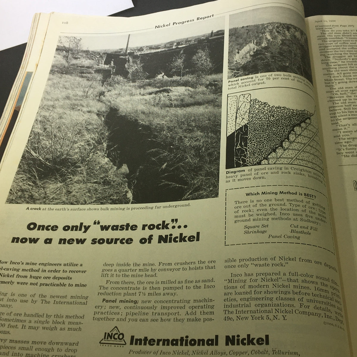 Nickel mining article in VTG The Saturday Evening Post April 14 1956 presenting advancements in nickel extraction technology and methods.