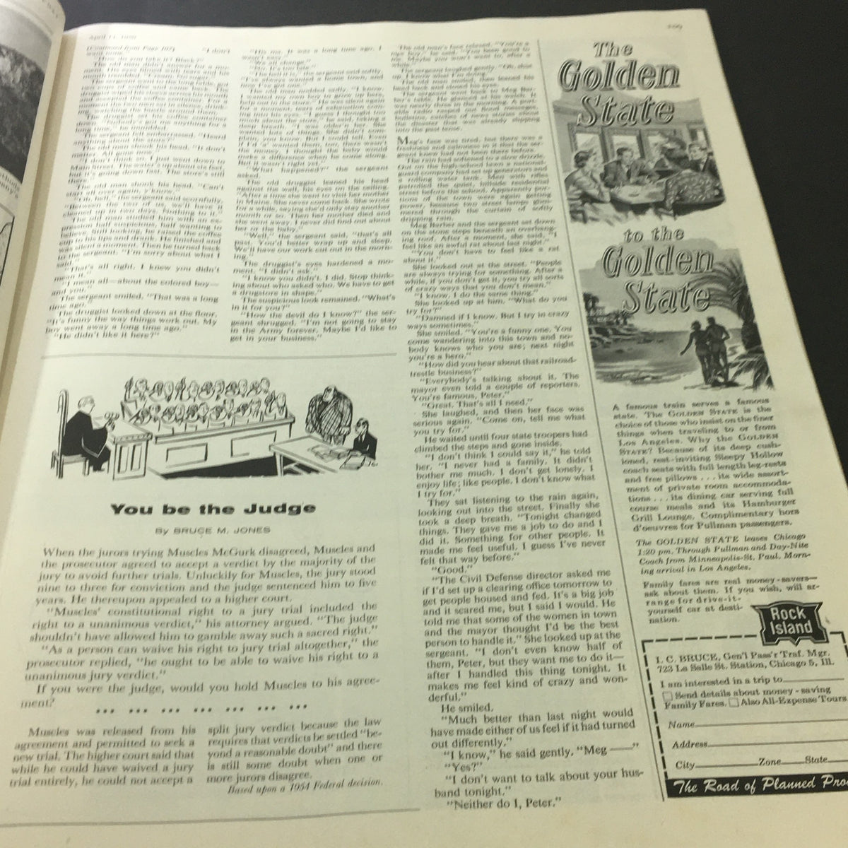 Inside page of the Saturday Evening Post April 14, 1956 featuring an article titled 'You be the Judge' discussing jury trials.