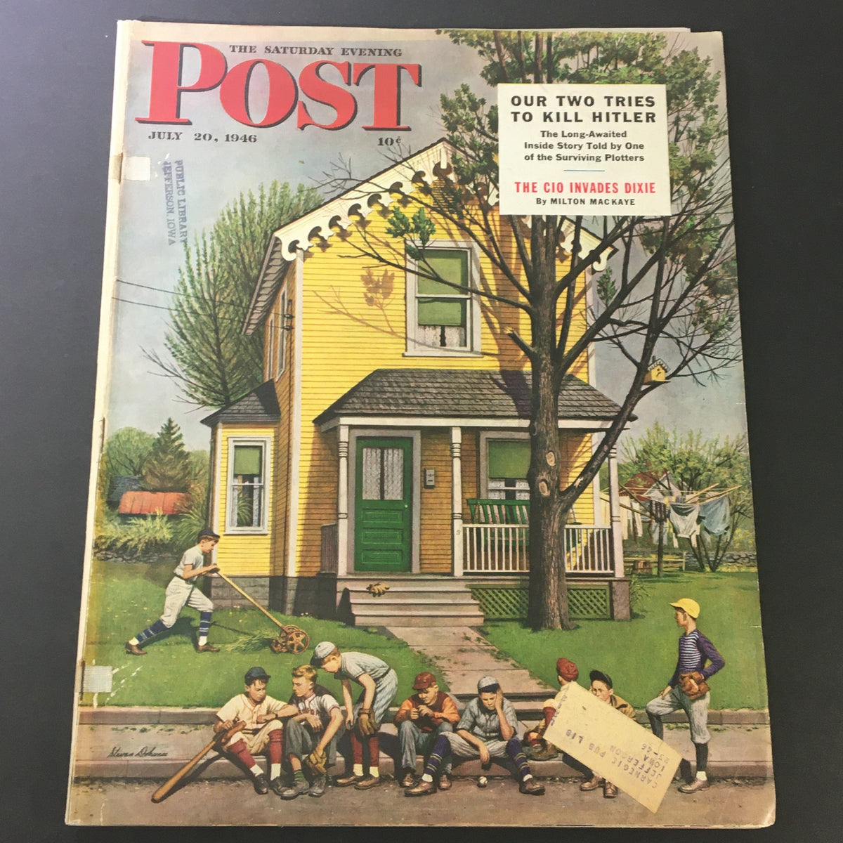 Vintage July 20, 1946 edition of The Saturday Evening Post featuring the article 'The CIO Invades Dixie' by Milton Mackaye, depicting children playing baseball in front of a yellow house.