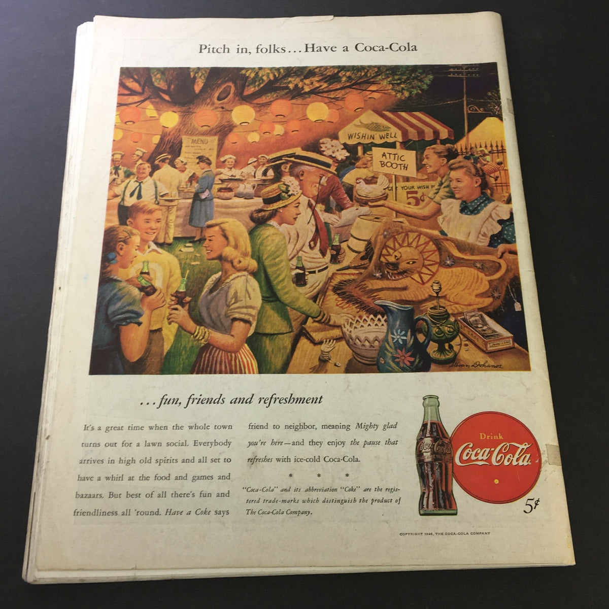 Vintage The Saturday Evening Post July 20 1946 illustrating a lively social scene promoting Coca-Cola, featuring people enjoying refreshments at a community gathering.