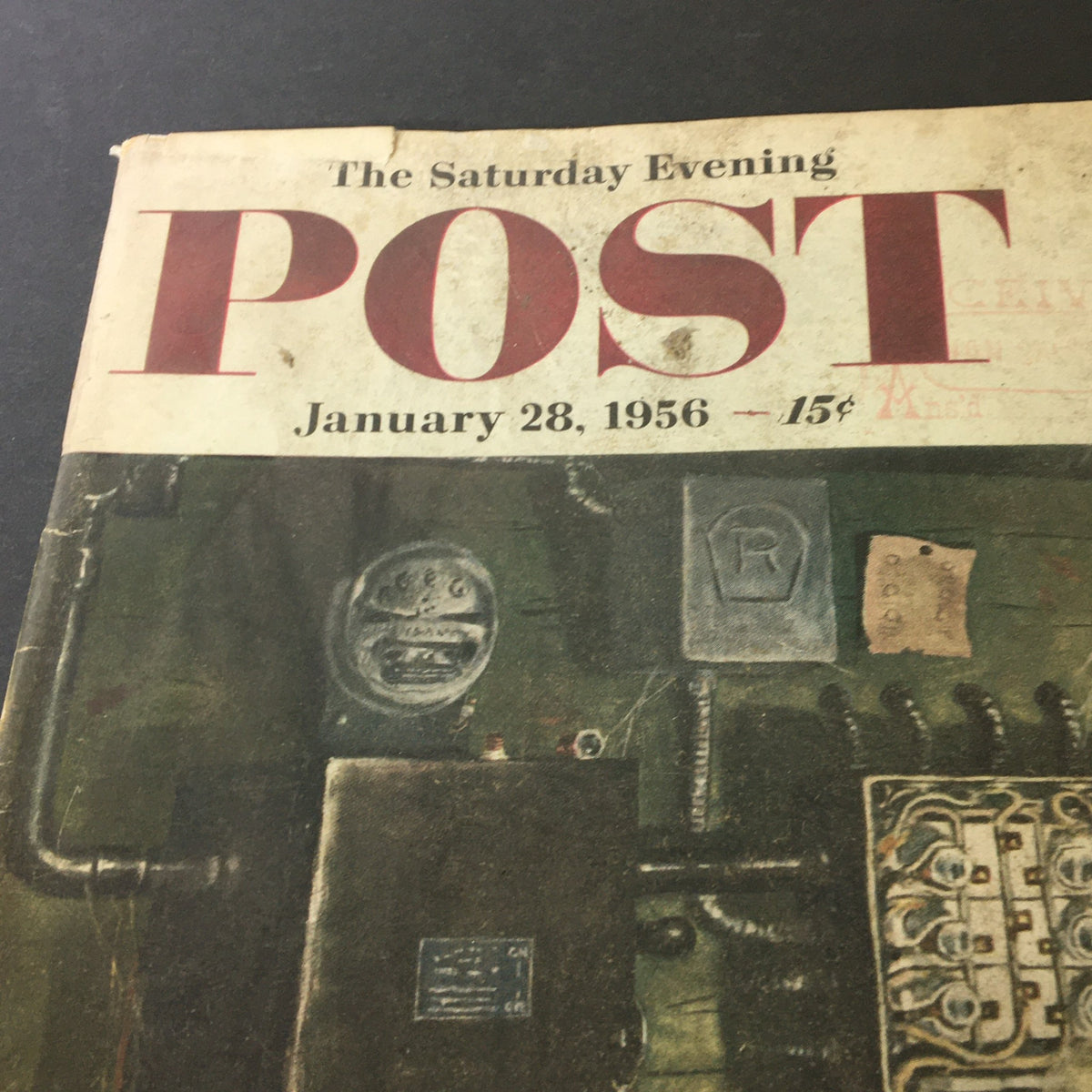 Close-up of the vintage magazine cover of The Saturday Evening Post dated January 28, 1956, showcasing the title 'Keep Army Out of Politics' and details of the artwork.