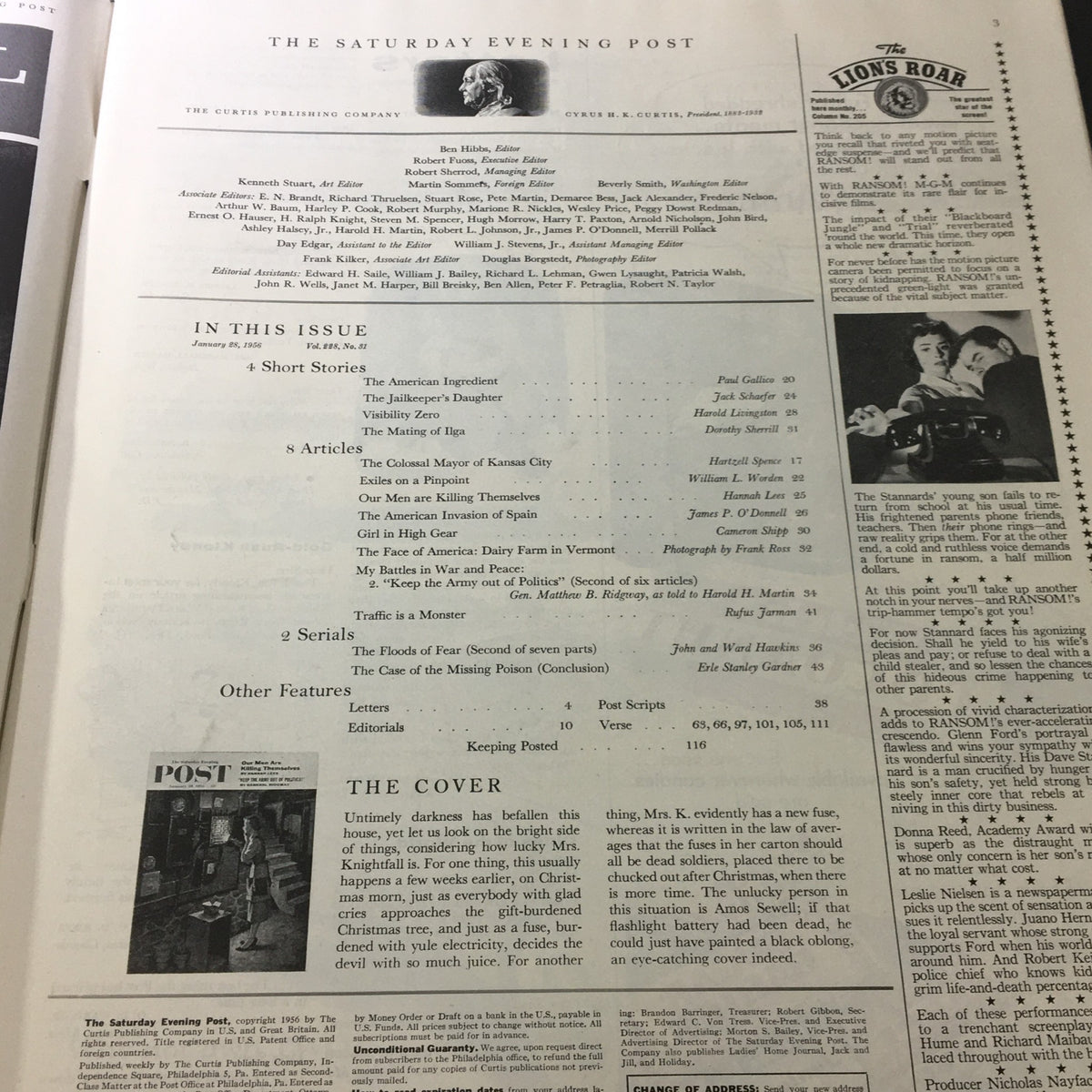 Interior page of VTG The Saturday Evening Post January 28 1956 showing the table of contents with articles related to politics, society, and entertainment.
