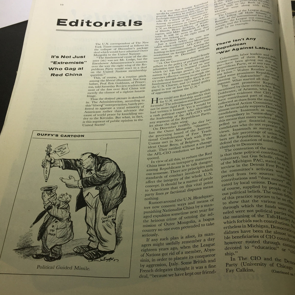 Editorial section from VTG The Saturday Evening Post January 28 1956 featuring political commentary and humor illustrations, highlighting the socio-political climate of the time.
