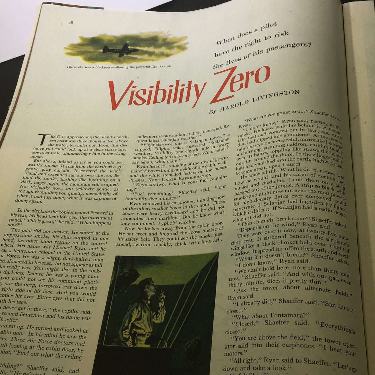 Image from The Saturday Evening Post January 28, 1956, showcasing the article 'Visibility Zero' by Harold Livingston, featuring a pilot in the cockpit with a backdrop of a plane.