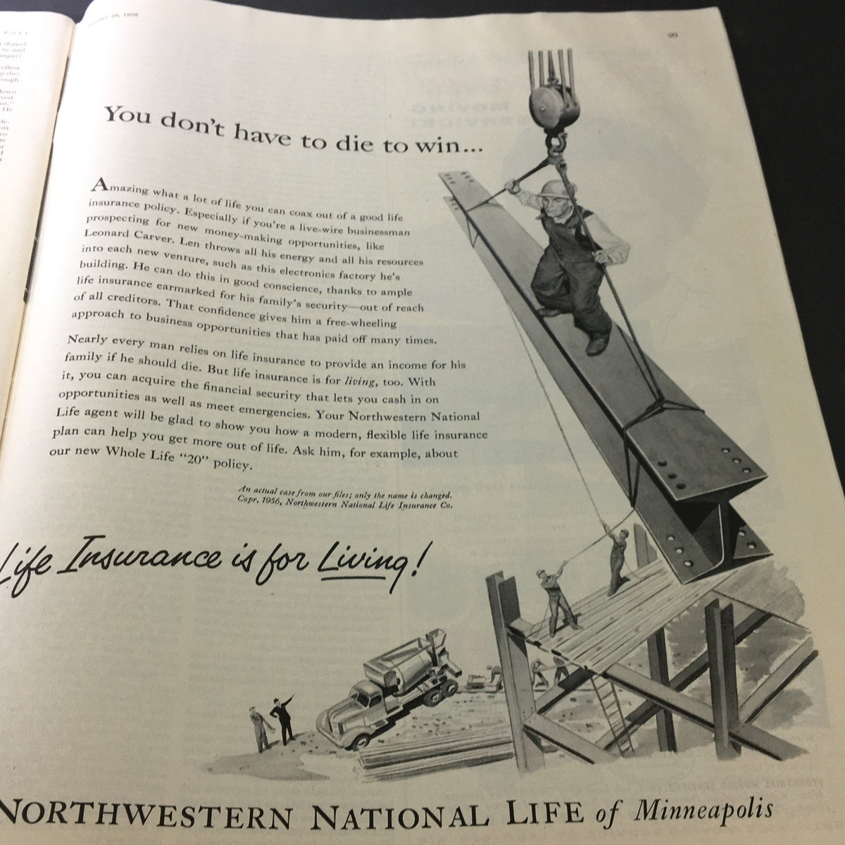 Ad in The Saturday Evening Post January 28, 1956, promoting life insurance with a humorous illustration of construction workers, emphasizing the importance of life insurance.