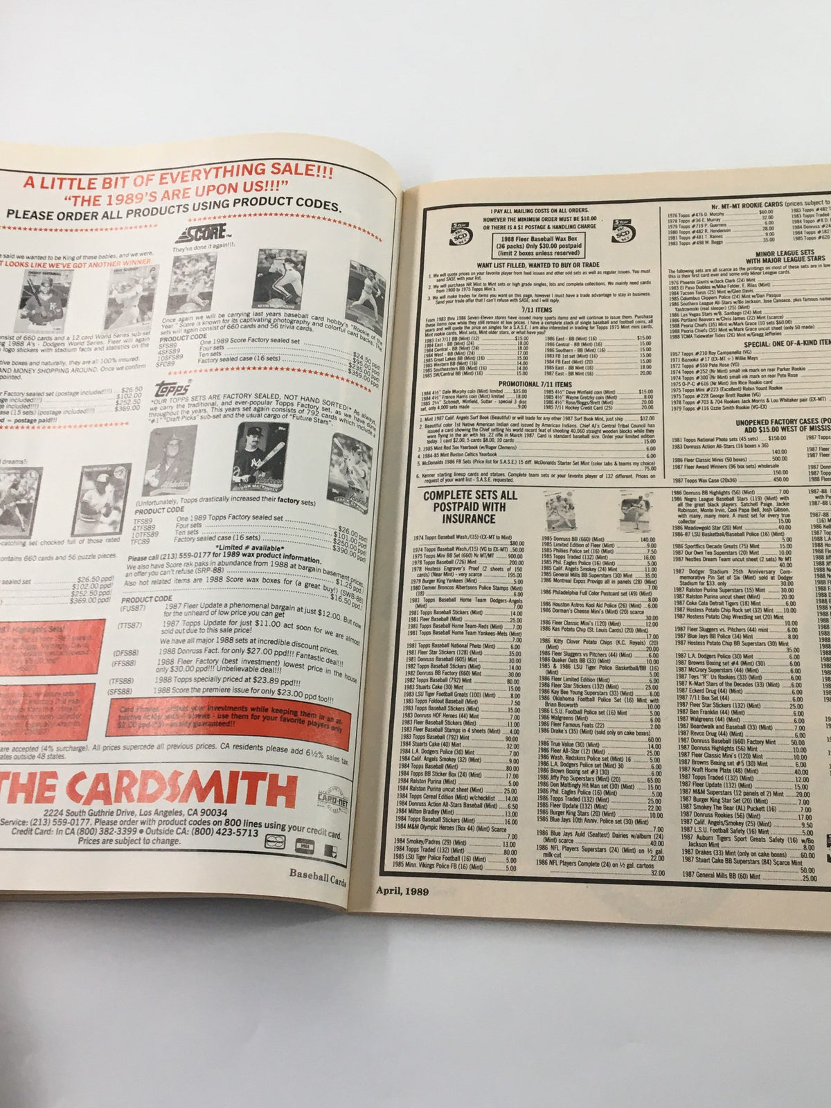 Inside view of VTG Baseball Cards Magazine from April 1989, detailing card sales and product listings, featuring an advertisement for The Cardsmith.