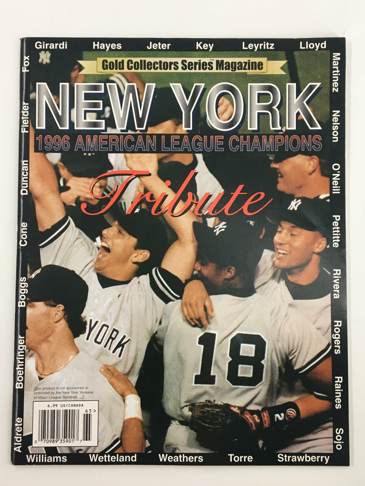 1996 Gold Collectors Series Magazine featuring Derek Jeter and Gerald Williams, highlighting the New York Yankees' 1996 American League Championship season, celebrating key moments and players.