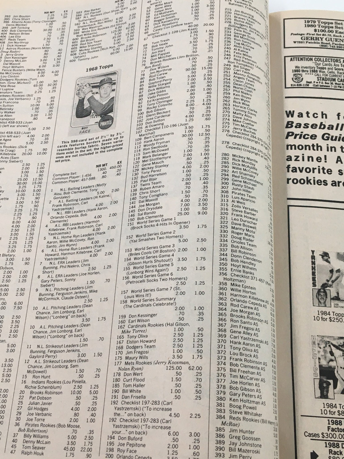 Baseball Card Price Guide Monthly September 1988, detailed price listing page showing prices for different baseball cards and collectibles.