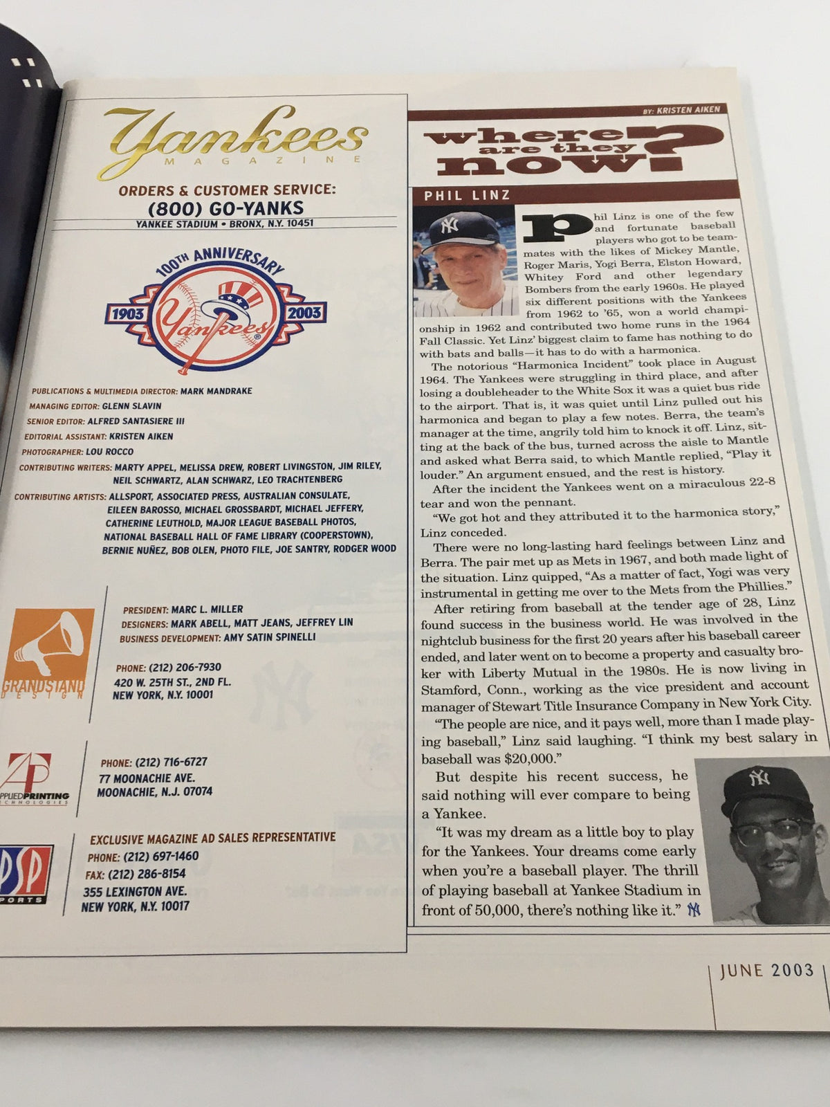 Inside page from Yankees Magazine June 2003, displaying customer service information and a quote from Phil Linz.