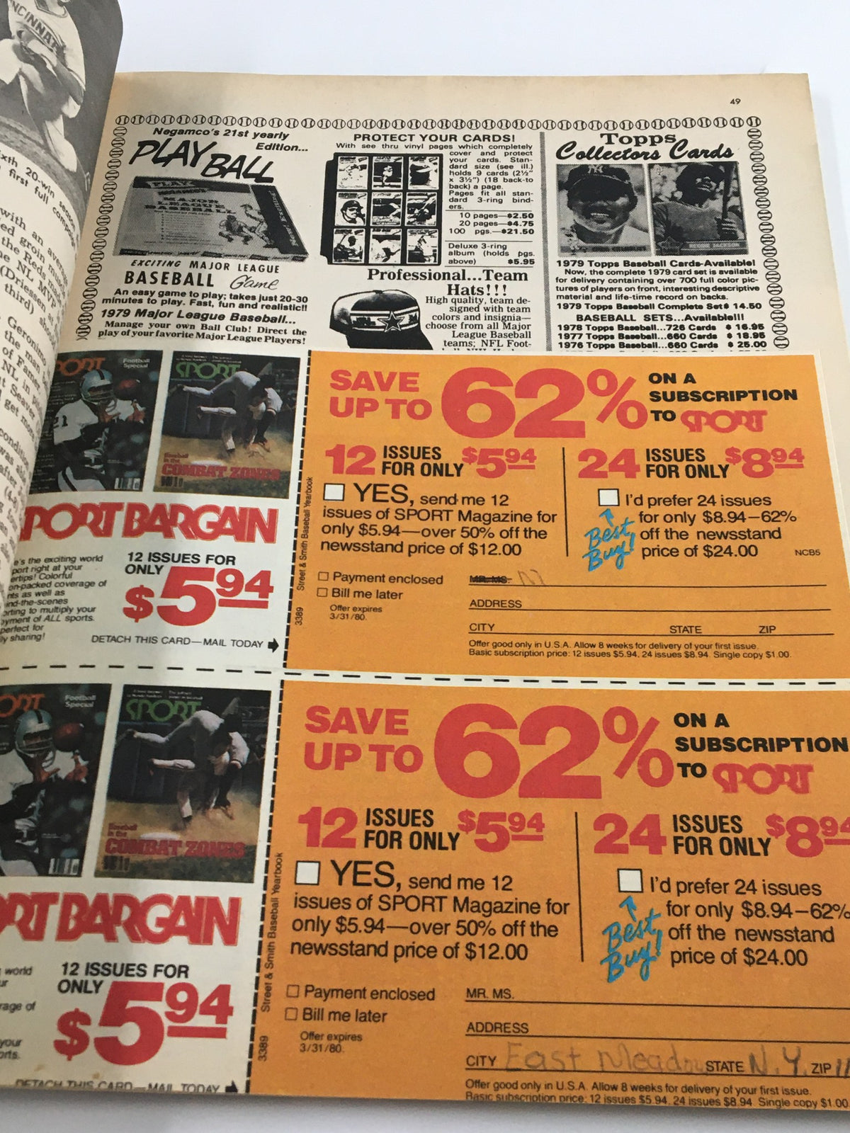 Advertisement page from Street & Smith's Official 1979 Yearbook Baseball, displaying offers and subscription details for sports magazines.