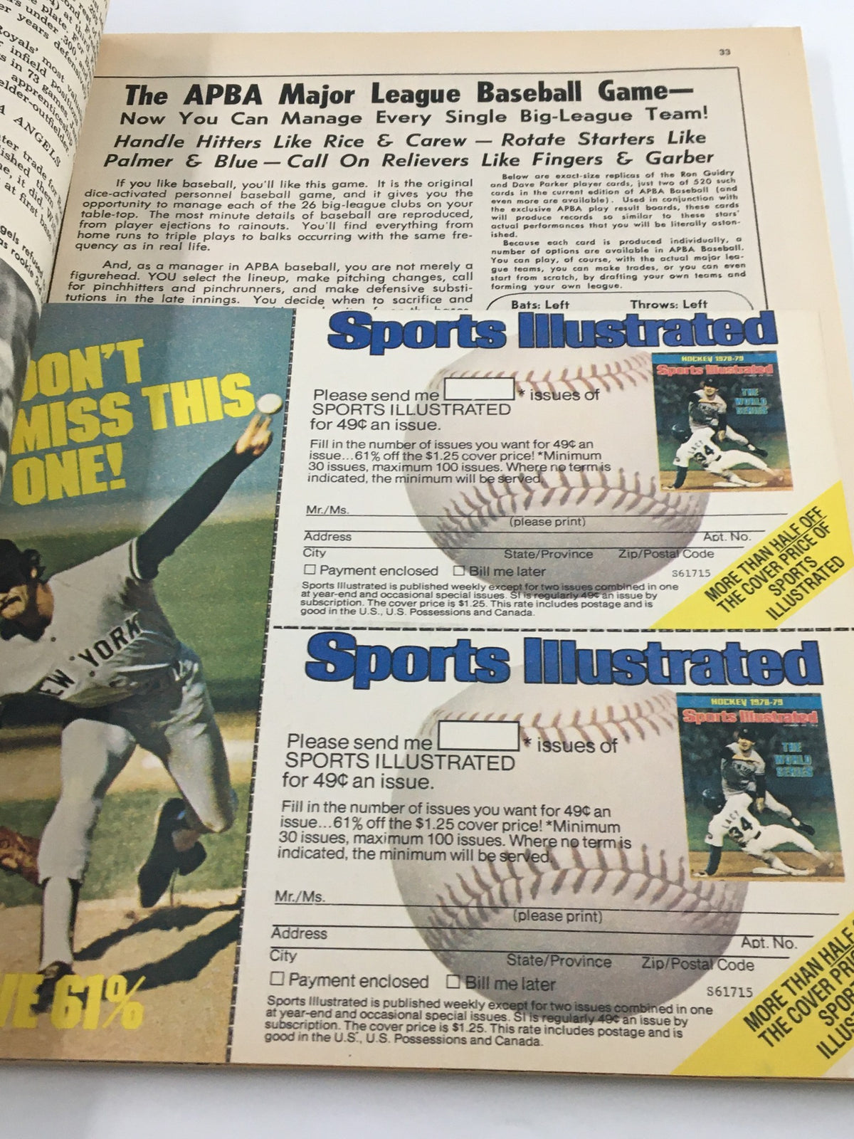 Inside page from Street & Smith's Official 1979 Yearbook Baseball featuring details about the APBA Major League Baseball game and advertisements for Sports Illustrated magazine subscriptions.