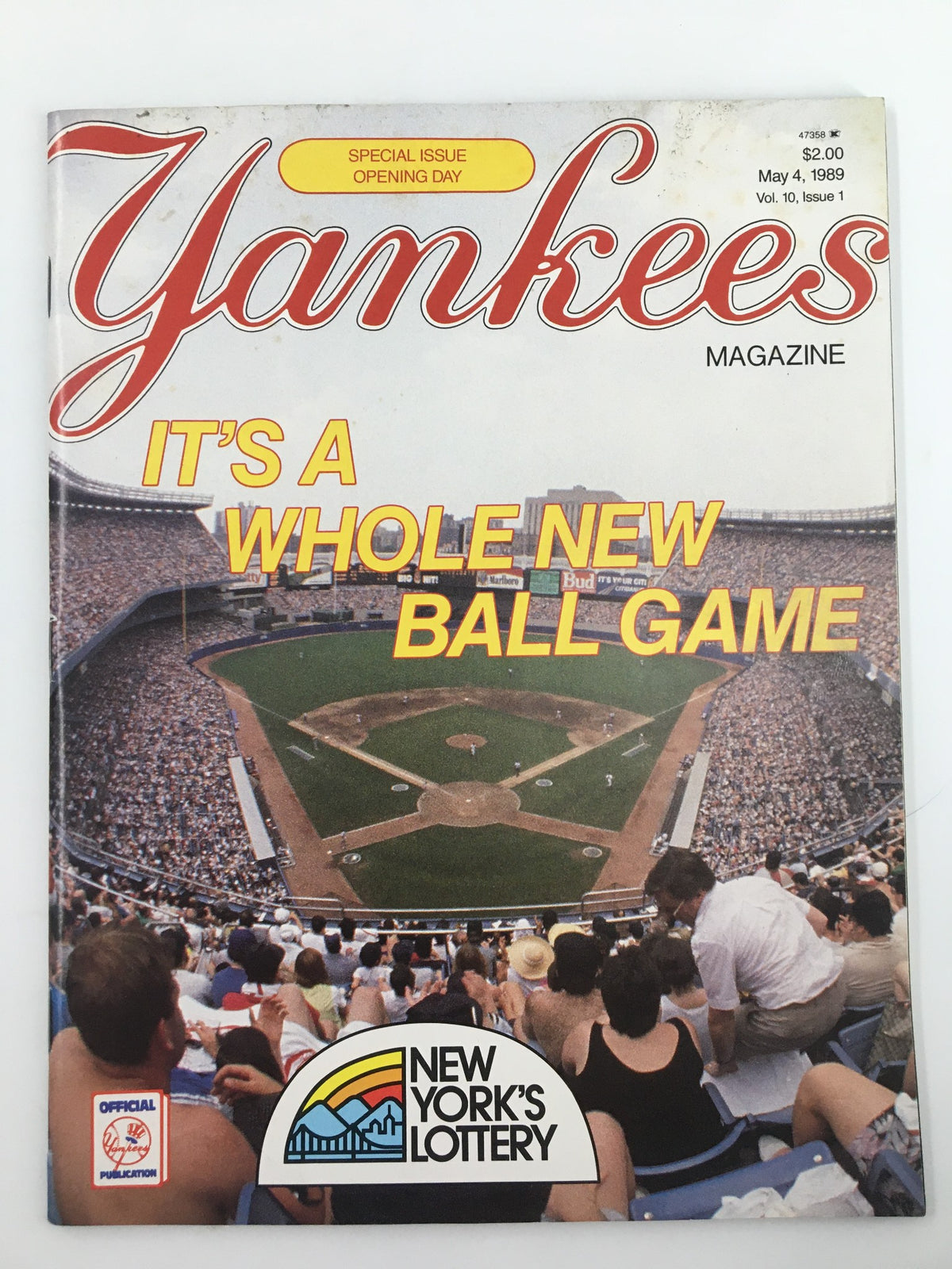 Yankees Magazine cover from May 4, 1989, featuring the caption 'It's A Whole New Ball Game' with a view of a packed baseball stadium, emphasizing the New York Yankees heritage and baseball nostalgia.