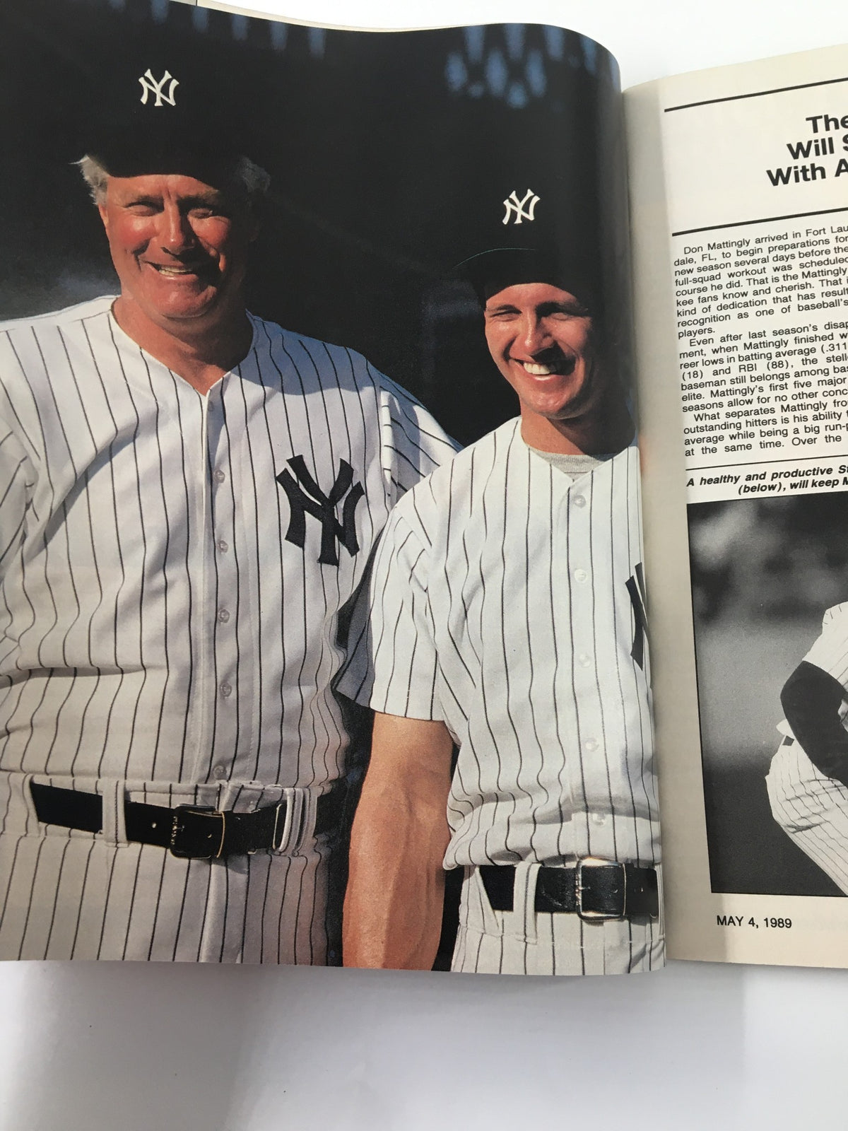 Image of coaches smiling in VTG Yankees Magazine May 4 1989, representing team spirit and camaraderie in baseball.