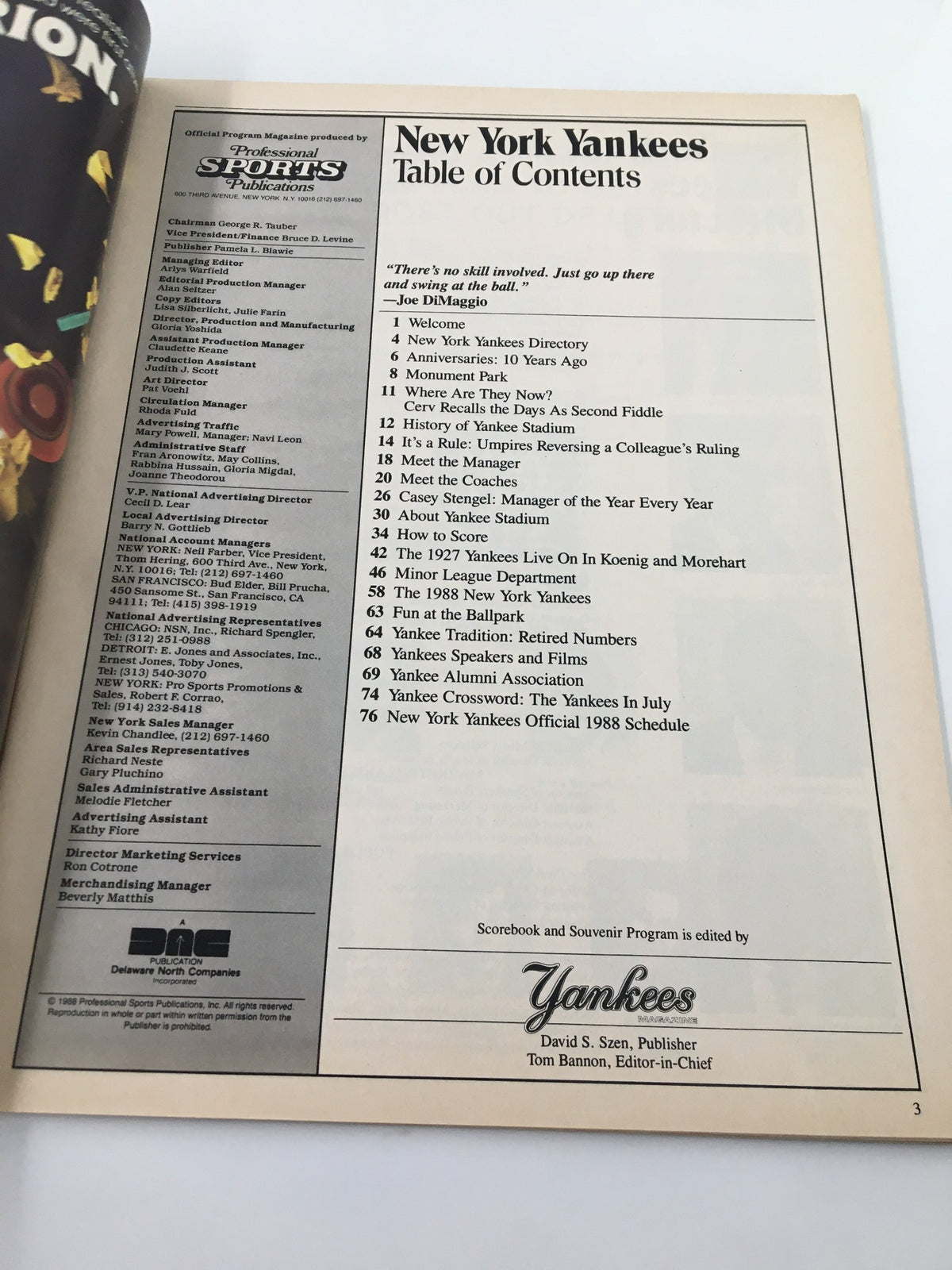 Inside page of the 1988 New York Yankees Scorebook & Souvenir Program listing the table of contents, illustrating details about the Yankees' 1988 season.