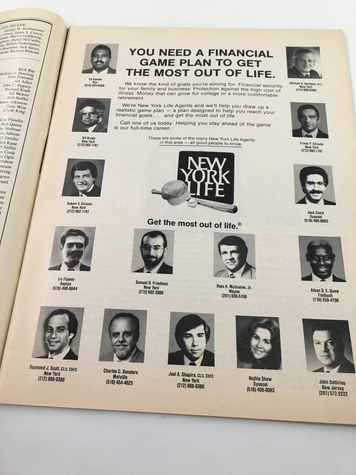 Ad page in the 1988 New York Yankees Scorebook & Souvenir Program, featuring various New York Life Agents, showcasing period-specific designs.