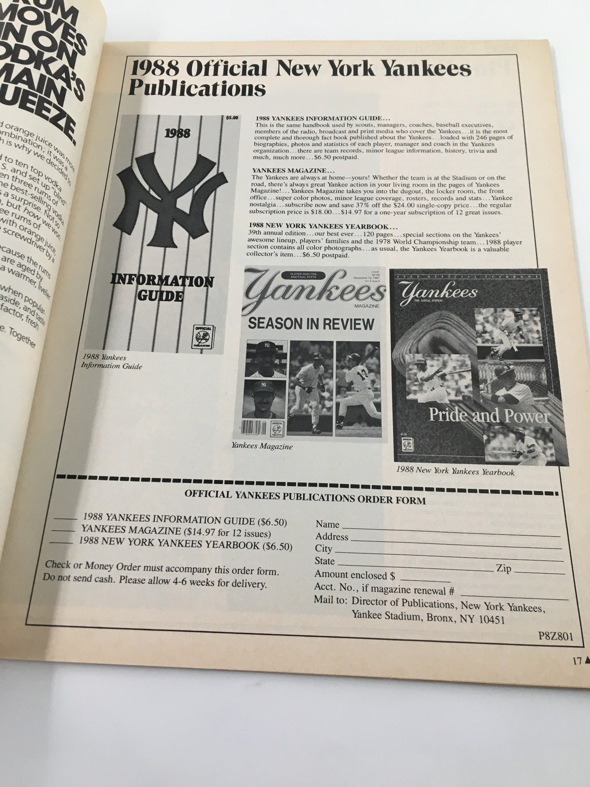 Order form page from the 1988 New York Yankees Scorebook & Souvenir Program, providing details on official Yankees publications available for purchase.