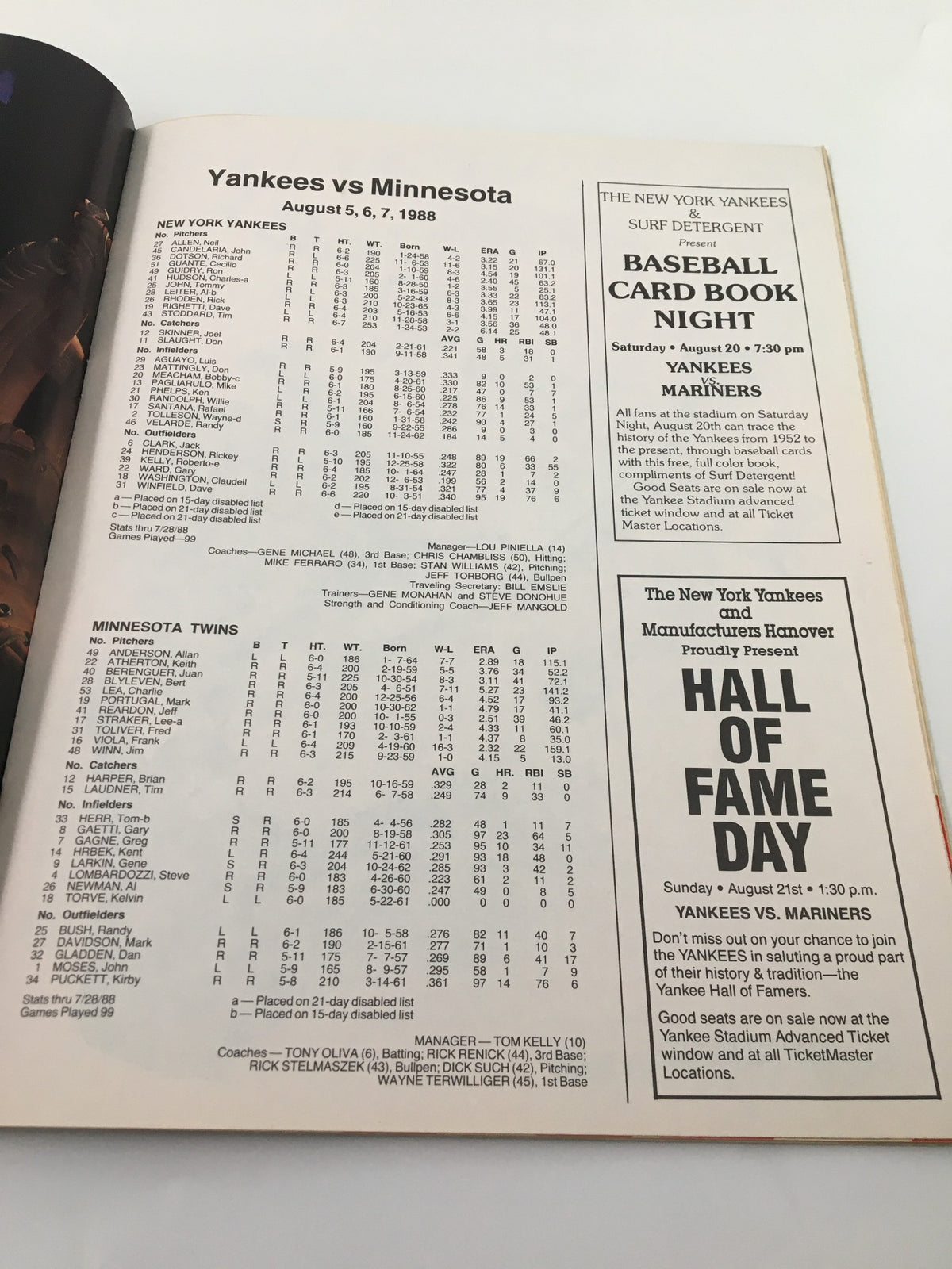 1988 New York Yankees Scorebook & Souvenir Program featuring Rickey Henderson with statistics and highlights from the Yankees vs. Minnesota game on August 5, 6, 7, 1988.