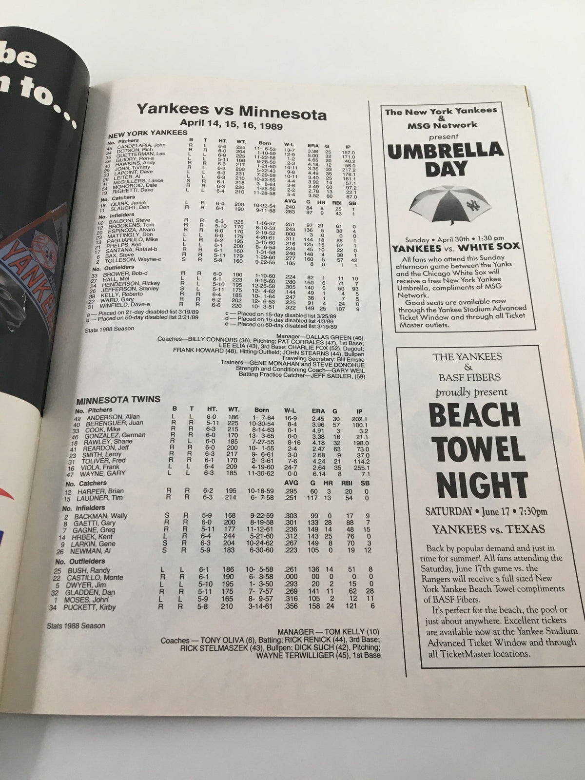 Yankees vs Minnesota game summary page from the 1989 New York Yankees Scorebook & Souvenir Program, highlighting player statistics and promotional events.