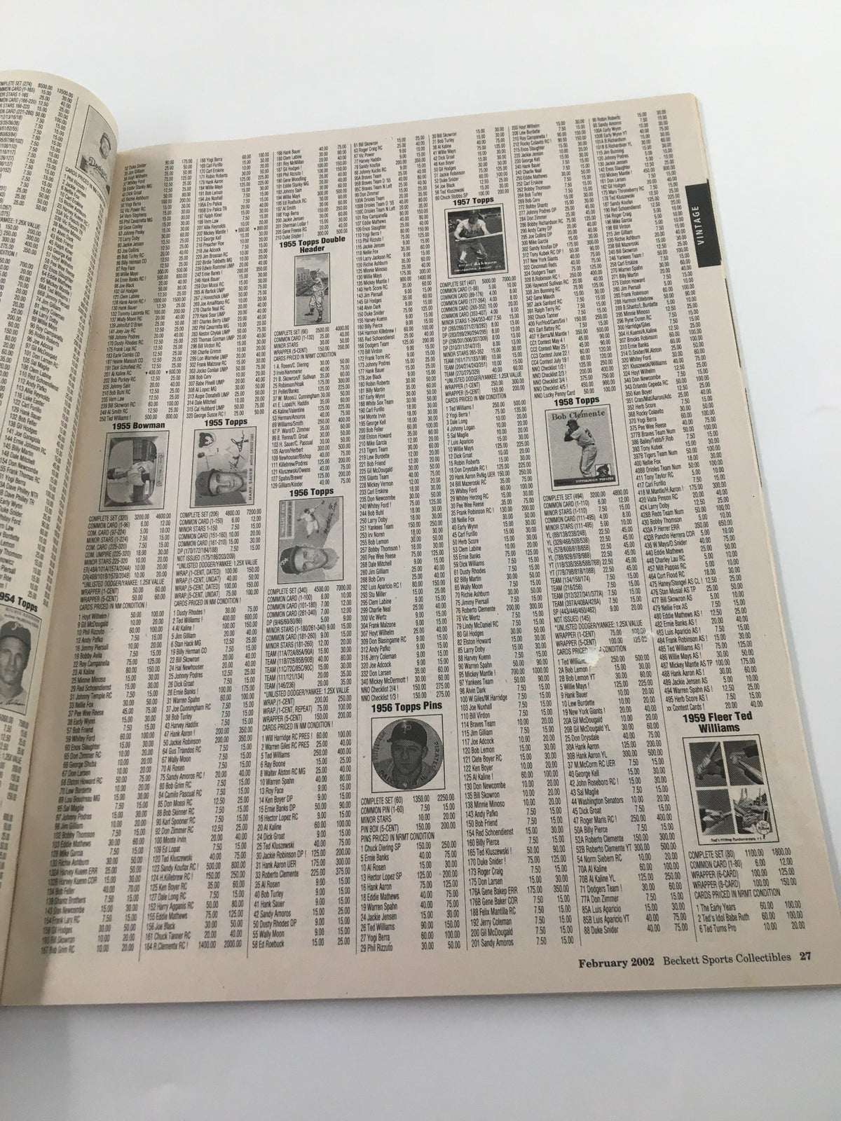 Page from Beckett Sports Collectibles February 2002 displaying a detailed list of sports cards and collectibles, highlighting the magazine's focus on sports memorabilia.