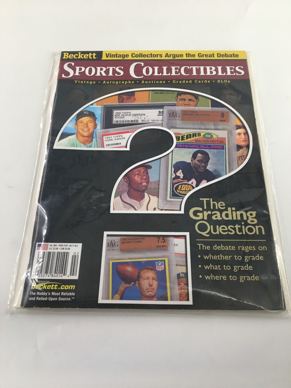 Front cover of Beckett Sports Collectibles February 2002 magazine with a question mark, featuring the topic 'The Grading Question' related to sports collectibles.