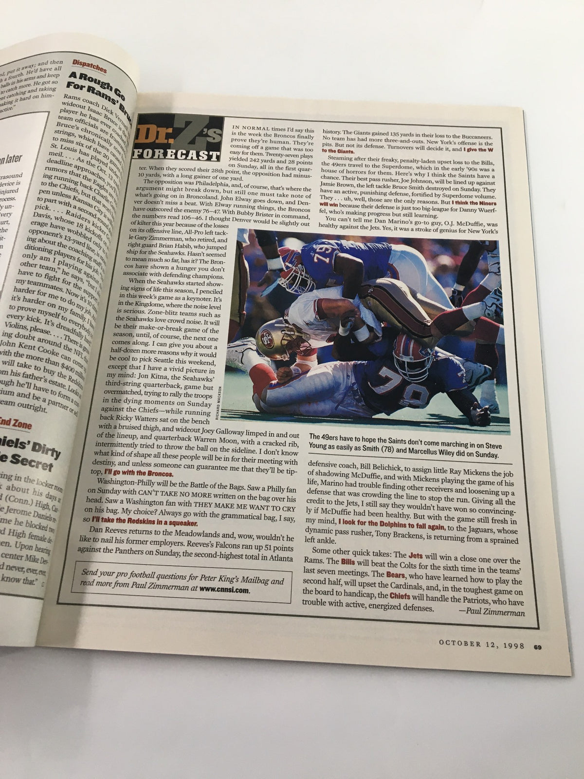 Page from Sports Illustrated Magazine October 12 1998 featuring Shane Spencer, showcasing sports commentary and significant football analysis from the late 1990s.