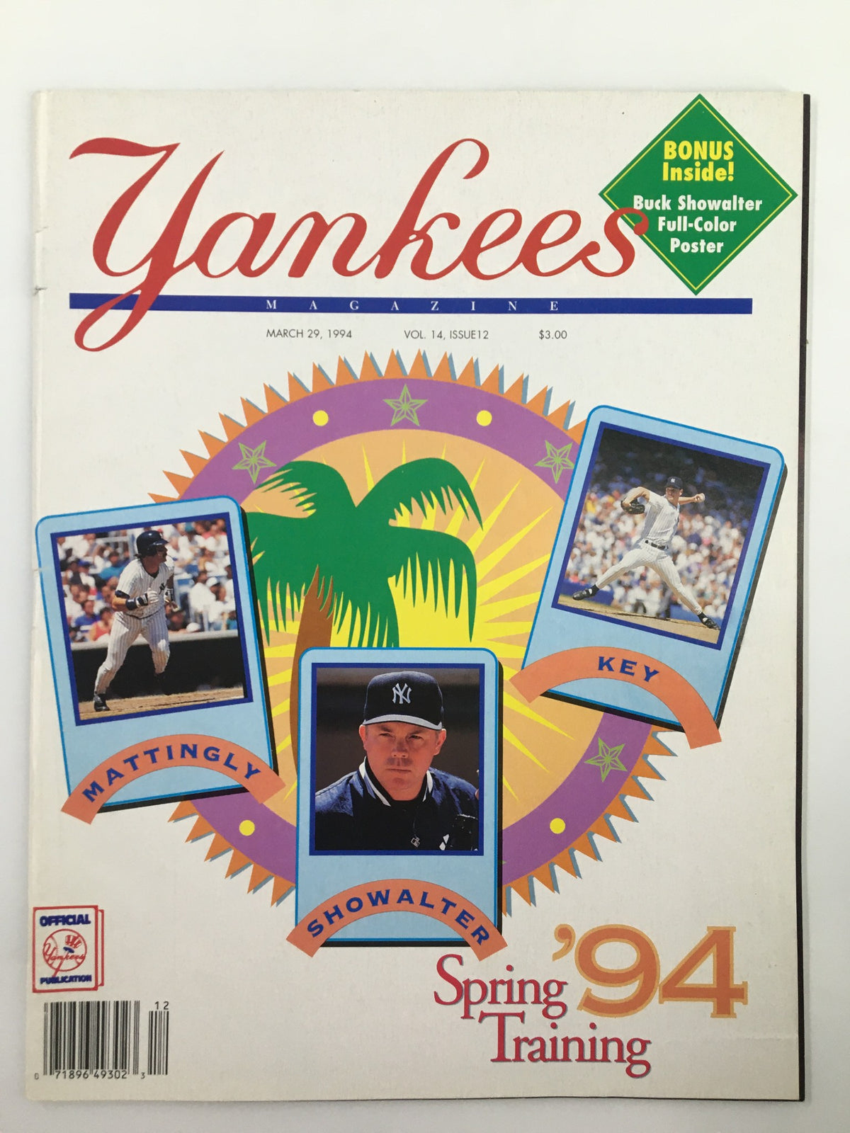Cover of Yankees Magazine dated March 29, 1994 featuring Don Mattingly, Buck Showalter, and Jimmy Key, highlighted with vibrant graphics and a 'Bonus Inside!' promotion for a full-color poster.