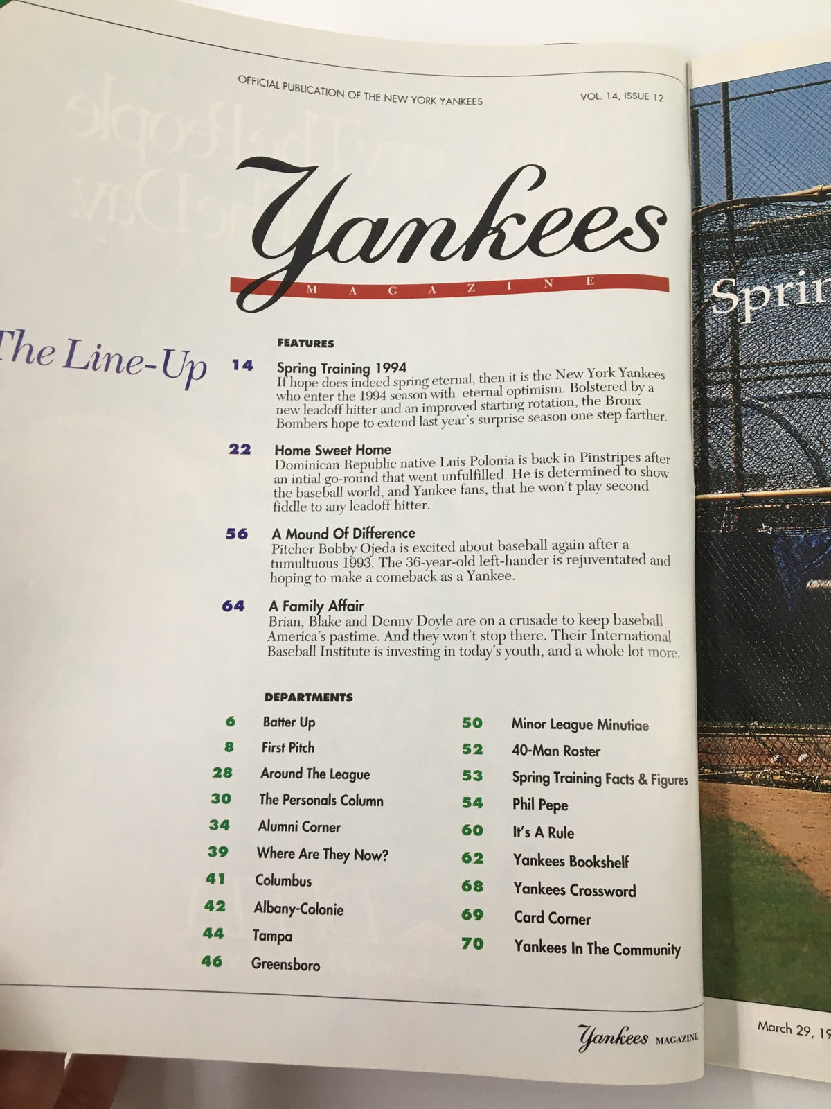 Inside page of Yankees Magazine March 29, 1994 showcasing the content lineup, including features on Spring Training and player stories, presented in a colorful and organized format.