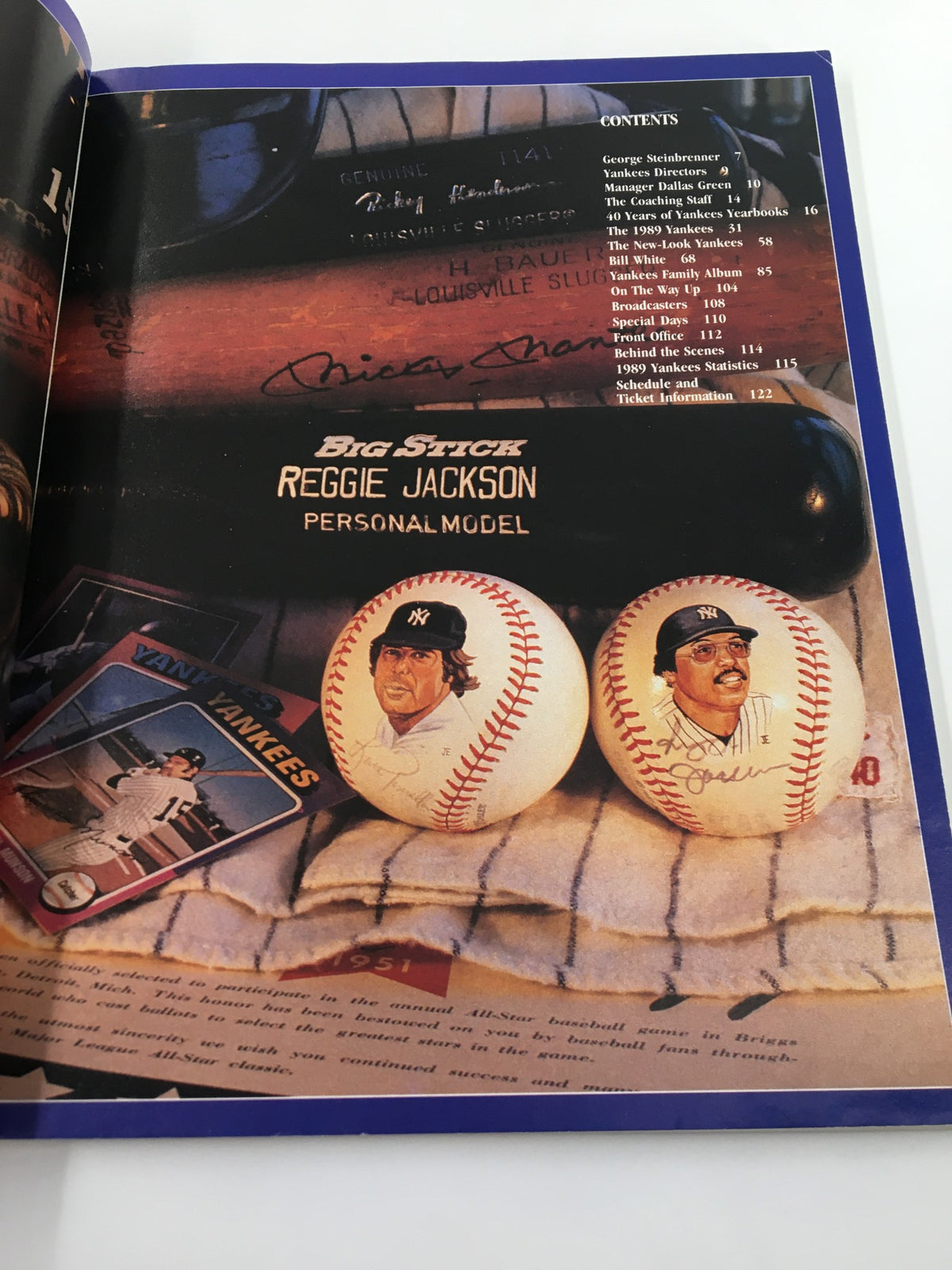 1989 Official Yearbook New York Yankees Reggie Jackson, Hensley Meulens No Label - Interior page displaying Reggie Jackson's personal baseball model and player cards.